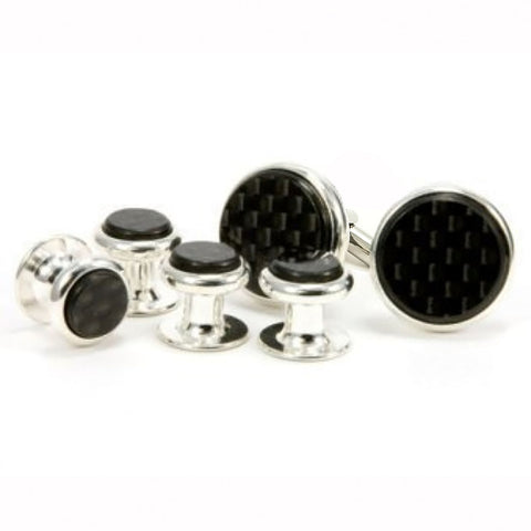 Carbon Fiber Silver Cufflink Tuxedo Stud Set