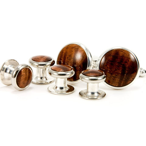 Hawaiian Koa Silver Cufflink Tuxedo Stud Set