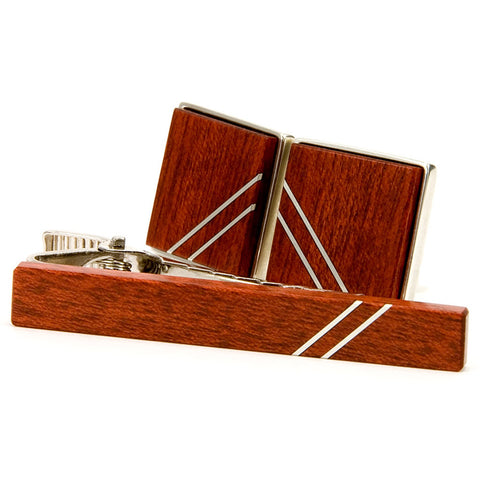 Bloodwood Silver Inlay Cufflink Tie Bar Set