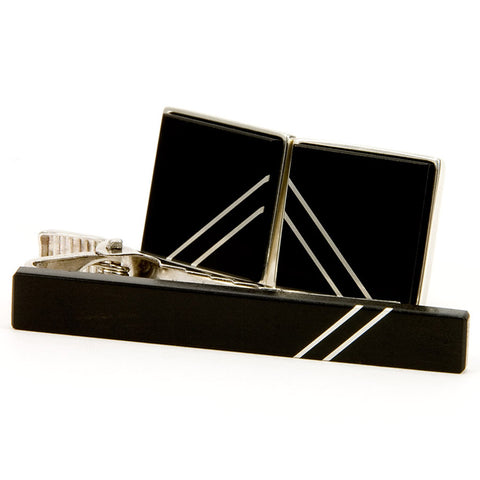 Ebony Silver Inlay Cufflink Tie Bar Set