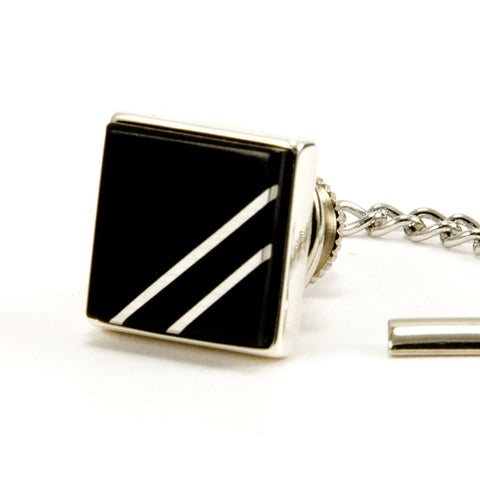 Classic Black Ebony Sterling Silver Inlay Tie Tack / Lapel Pin